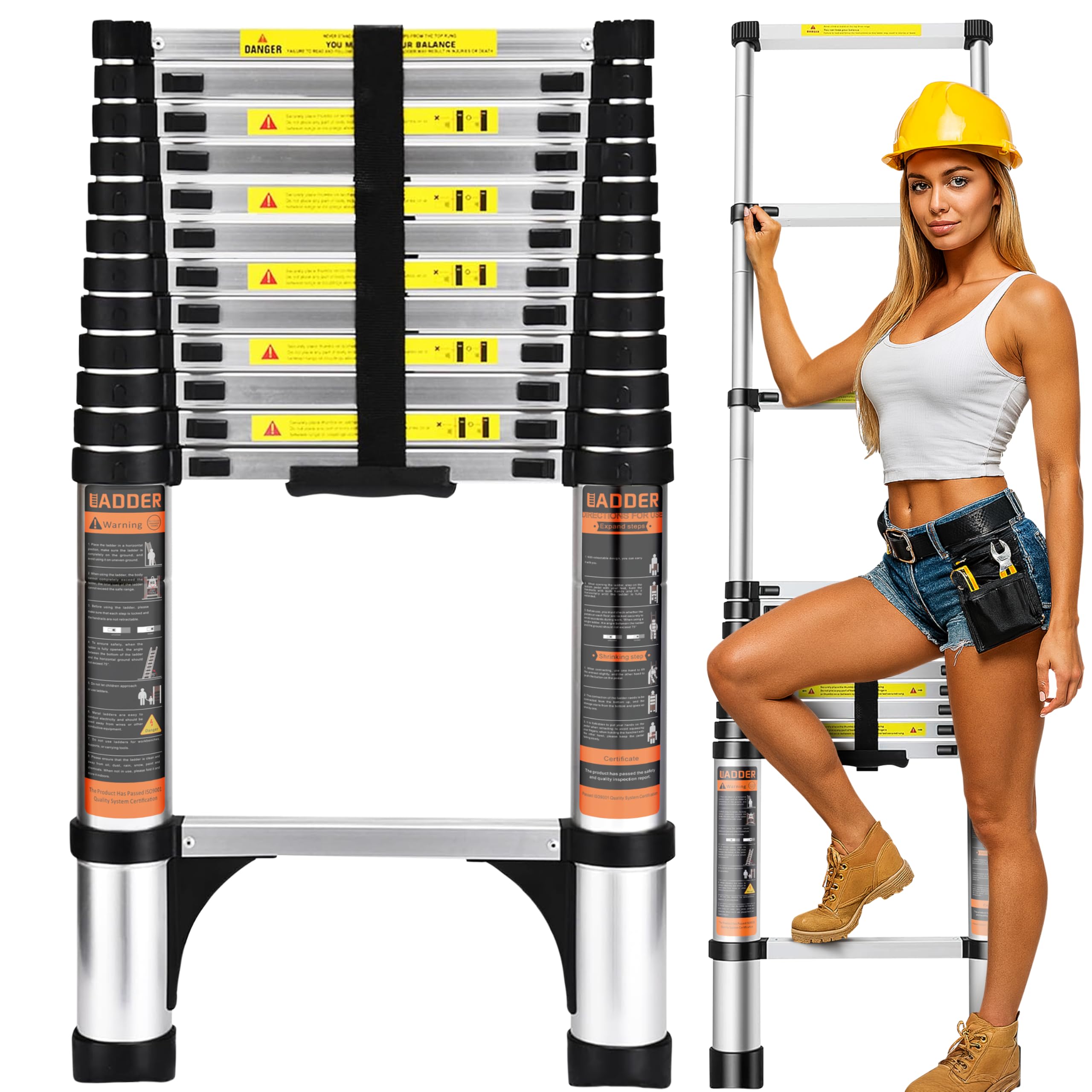 Folding Telescoping Ladder (Black Silver), 12.5 FT Aluminum